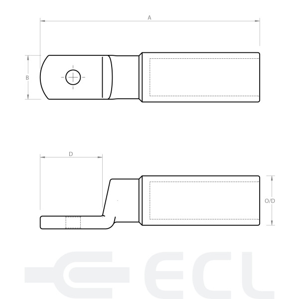 Bimetal Narrow Palm Lugs for Flexible Aluminium Cable dimensions