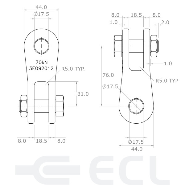 Twisted Clevis Clevis dimensions